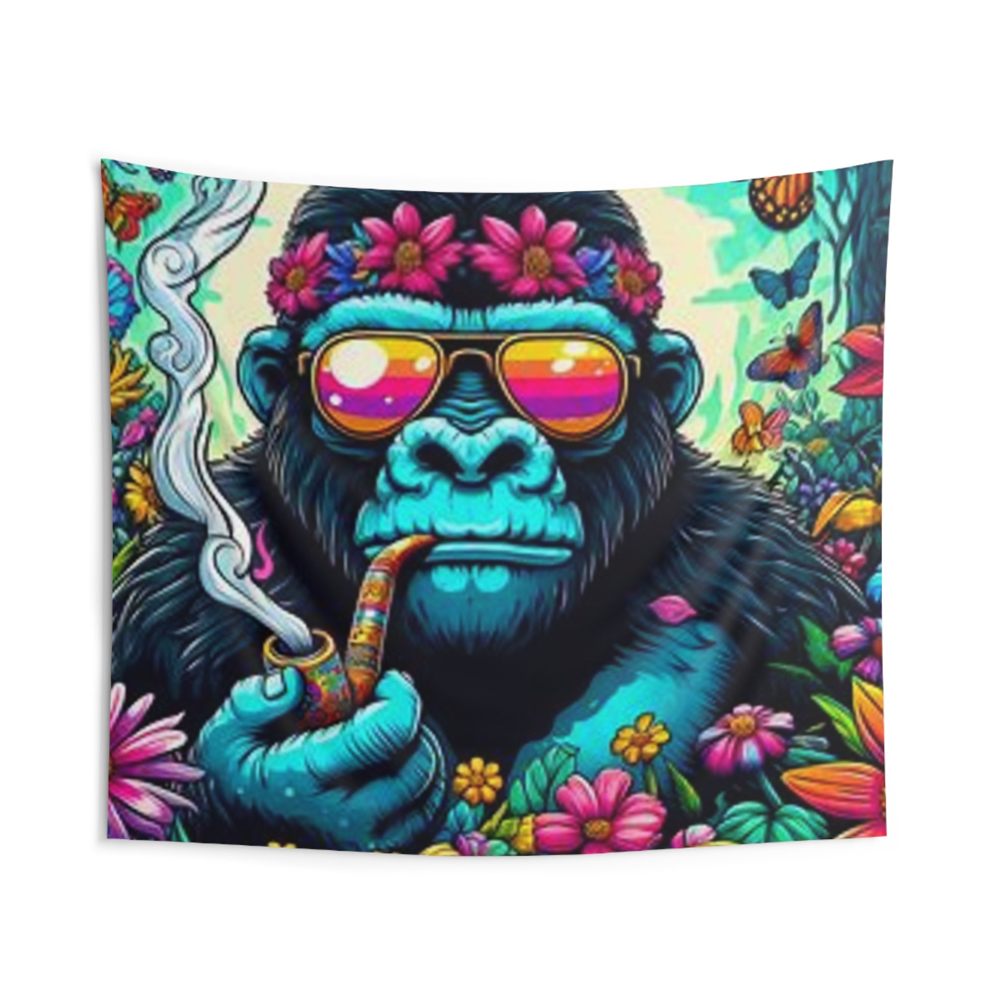Gorilla Smoking Pipe Tapestry — Psychedelic Floral Wall Hanging for Boho Room Decor