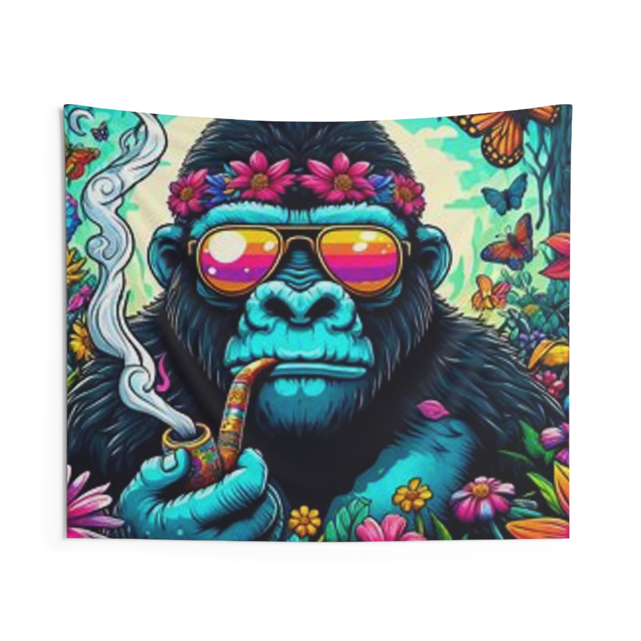 Gorilla Smoking Pipe Tapestry — Psychedelic Floral Wall Hanging for Boho Room Decor