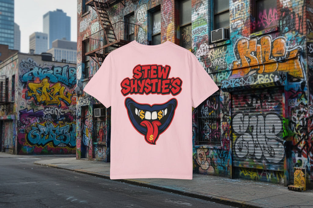 Pink t-shirt with graphic design and text on a white background