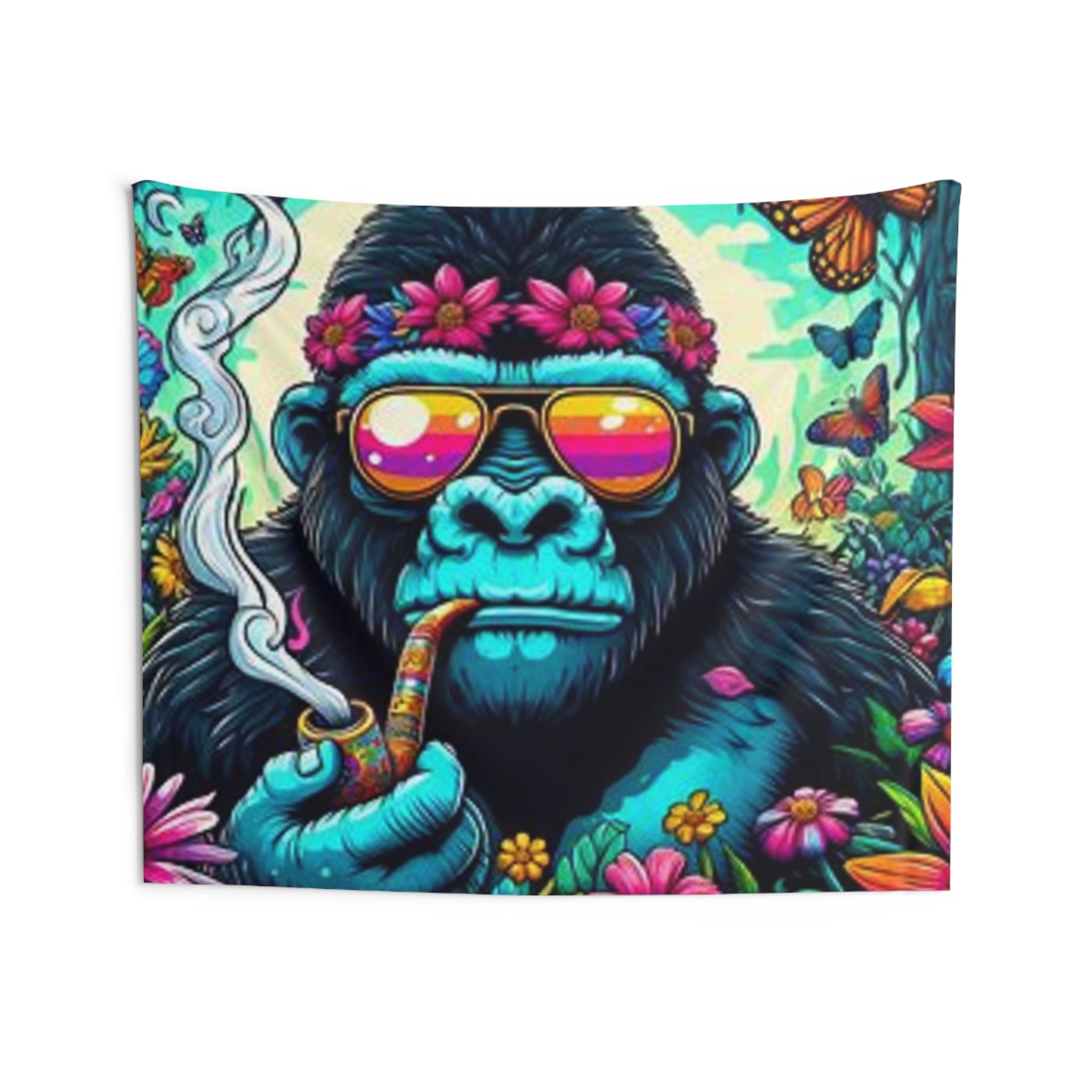 Gorilla Smoking Pipe Tapestry — Psychedelic Floral Wall Hanging for Boho Room Decor