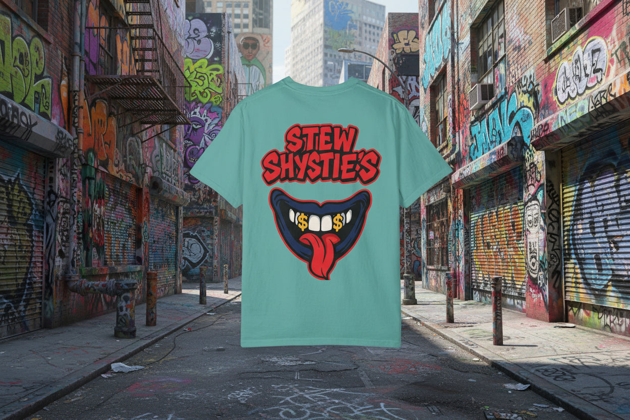 Teal t-shirt with a graphic design and text on the back against a white background