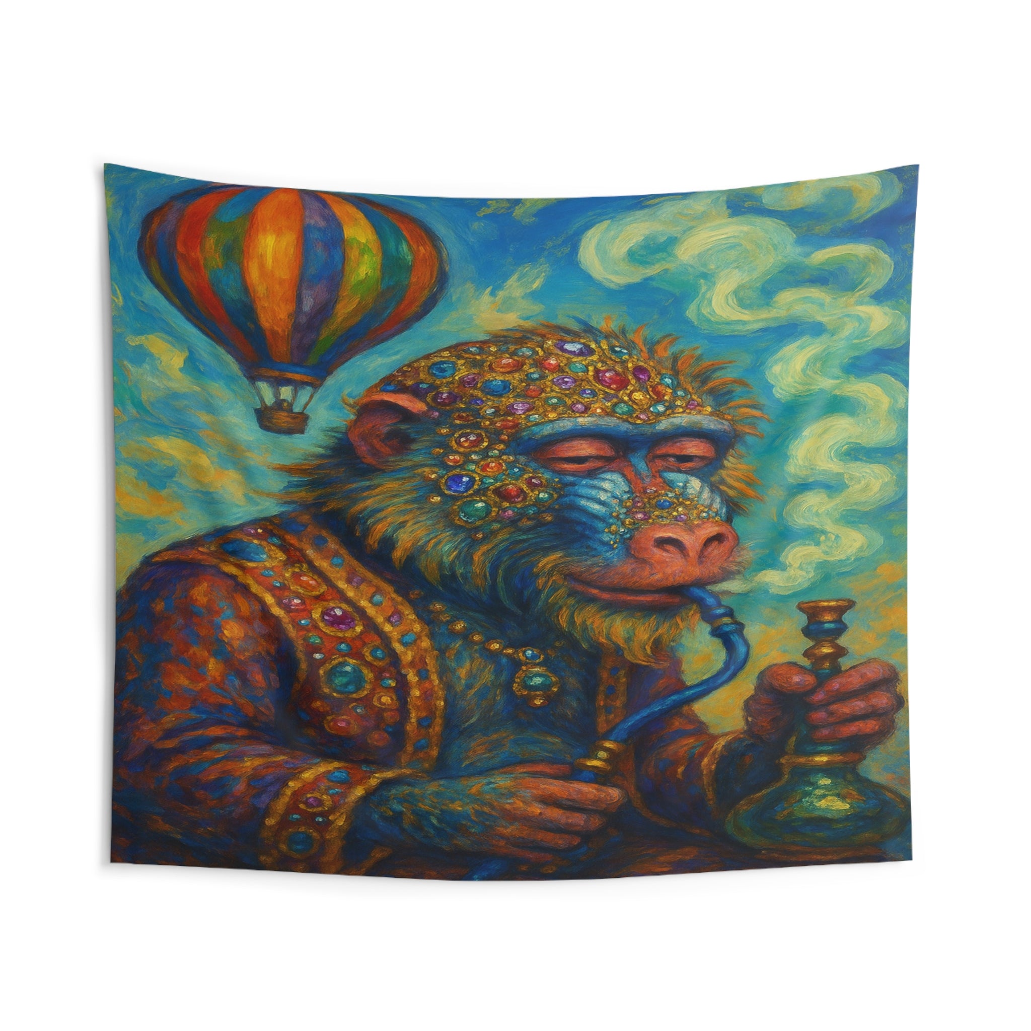 Psychedelic Jewel-Studded Monkey Wall Tapestry — Colorful Boho Hot-Air Balloon Art