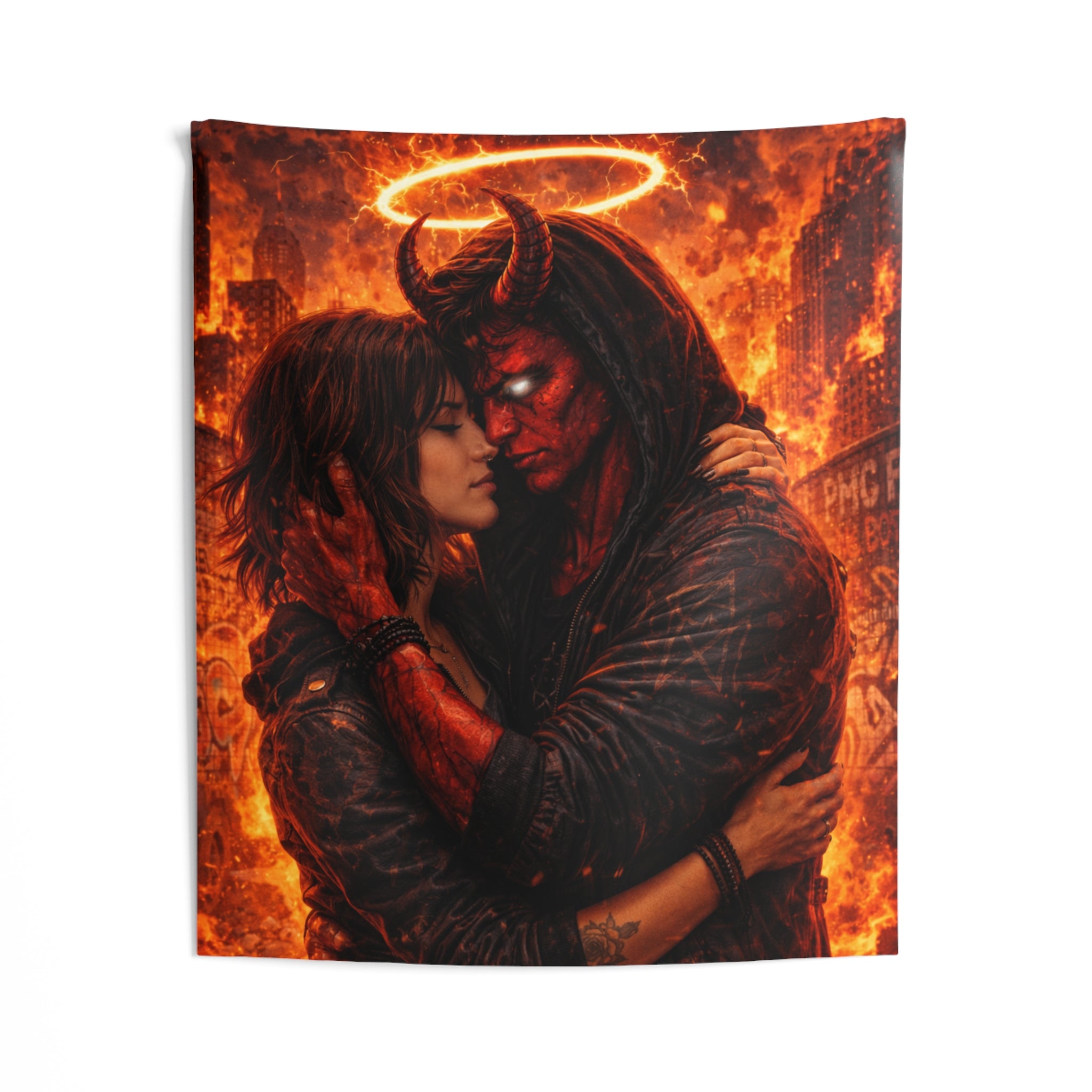 Demonic Lovers Flame Wall Tapestry — Gothic Romance Bedroom Decor