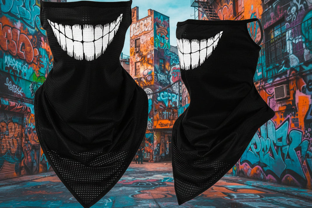 Black face masks with white tooth design on a white background