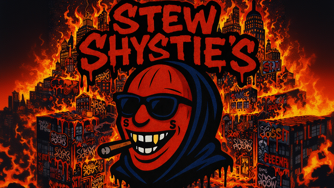 Illustration of a character with sunglasses and a cigar, surrounded by flames and buildings with text, featuring 'Stew Shystie's'.